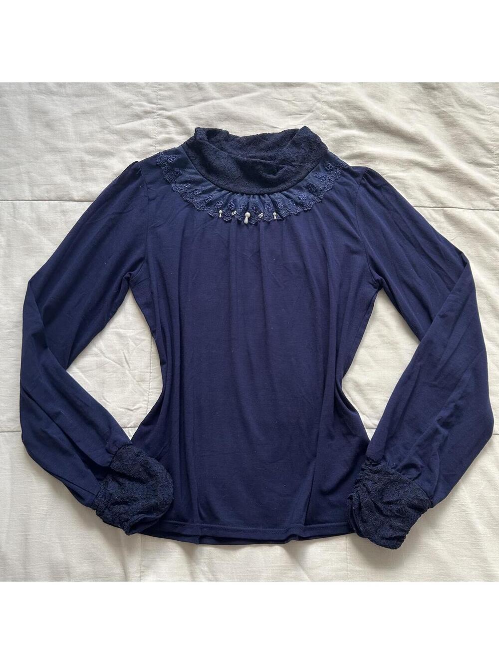 Axes Femme Navy Turtleneck Lace Pearl Ruffle Long Sleeve Top Medium Japan